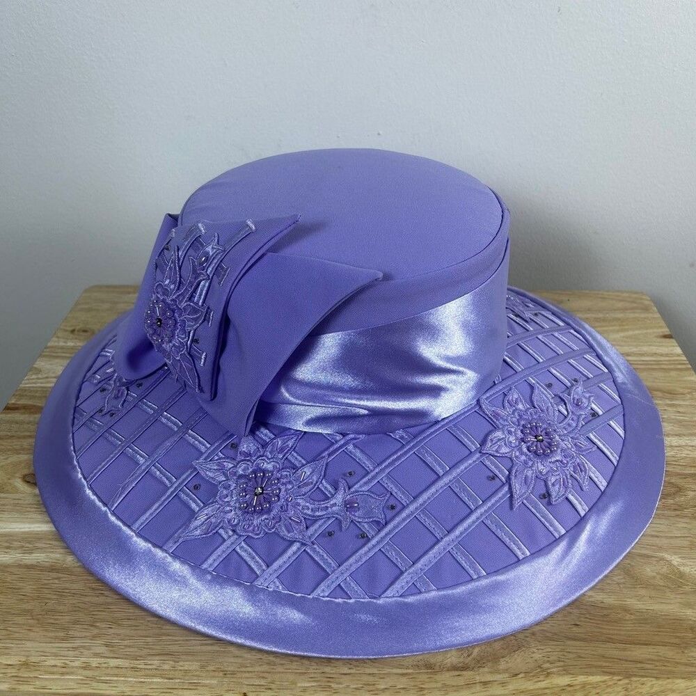 Studio 3 Women Purple Church Hat Wide Brim Beaded Floral Bow Derby Dress Hat